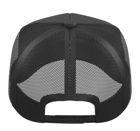 Back view of Cool Black Machinist Trucker Hat With Adjustable Mesh Back, Vise Gauge Square Design For CNC Tool Guys, Five Panel Cap Perfect Gift.