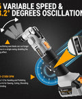 No Drama 20V Brushless Cordless Oscillating Multitool showing variable speed settings and oscillation details for enhanced performance.