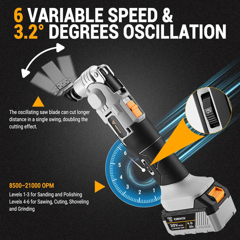 No Drama 20V Brushless Cordless Oscillating Multitool showing variable speed settings and oscillation details for enhanced performance.