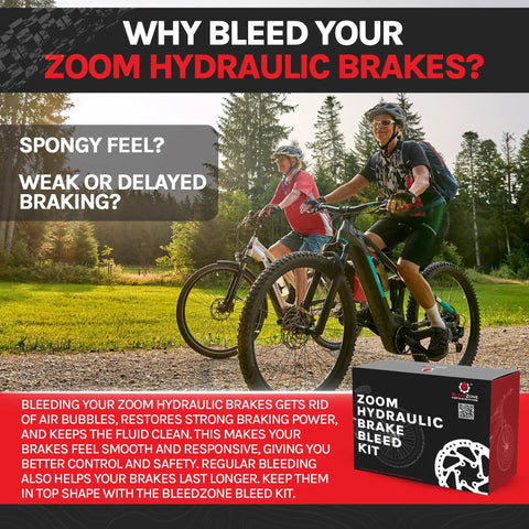 Cyclists in forest with Brake Bleed Kit For Zoom Hydraulics Easy Bleed System box shown