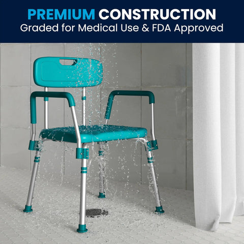 HERCULES Series Teal Bath And Shower Chair, 300 LB Capacity, Adjustable With Quick Release Back And Arms, Converts To Backless Stool, Safe ANSI BIFMA X5.1-17 Shower Seat For Elderly And Post Surgical