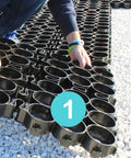 Installing Permeable Driveway Paver Grid System DIY Friendly For Grass Bases And Patios RV Pads And Gravel Heavy Duty 120000 Lb Load Class Pack Of 18 Covers 72 Sq Ft Made In USA From Recycled HDPE with hands and foot placement
