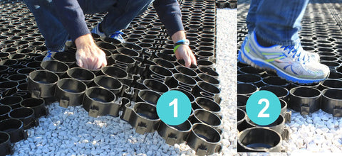 Installing Permeable Driveway Paver Grid System DIY Friendly For Grass Bases And Patios RV Pads And Gravel Heavy Duty 120000 Lb Load Class Pack Of 18 Covers 72 Sq Ft Made In USA From Recycled HDPE with hands and foot placement