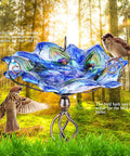 Glass Bird Bath With Metal Stake Garden Decor For Outdoor Vibe, colorful glass bowl on stainless steel stake with birds, outdoors.