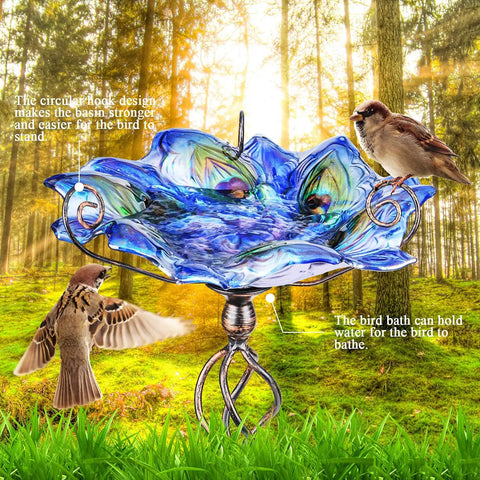 Glass Bird Bath With Metal Stake Garden Decor For Outdoor Vibe, colorful glass bowl on stainless steel stake with birds, outdoors.