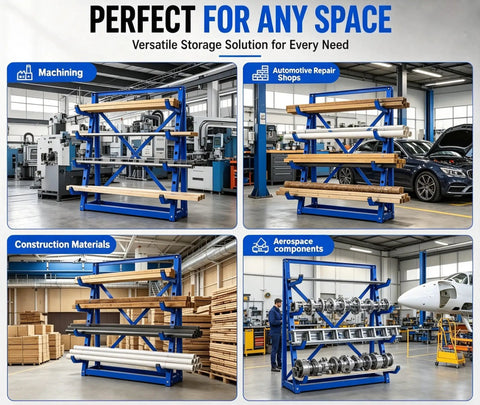 Beast Mode Cantilever Storage Rack Four Tier Steel Frame Supports Two Thousand Four Hundred Pounds For Lumber Pipes Metal Sheets And Garage Workshop Setup