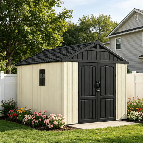 8x10 Ft Plastic Storage Shed With Floor, Durable Resin Outdoor Tool Shed With Window And Lockable Door, beige in garden