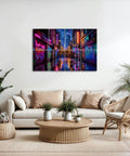 8 Pack Peel And Stick Acoustic Wall Panels With Neon Graffiti City Skyline Design Premium Polyester Fiber Sound Absorbing Foam Tiles For Recording Booths And Home Office Level Up Your Rig displayed on living room wall.