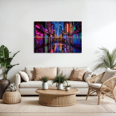 8 Pack Peel And Stick Acoustic Wall Panels With Neon Graffiti City Skyline Design Premium Polyester Fiber Sound Absorbing Foam Tiles For Recording Booths And Home Office Level Up Your Rig displayed on living room wall.