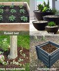 Collage showing raised bed, flower boxes, tree base garden area, and compost pile suitable for Three In One Lawn Aerator And Cultivator.