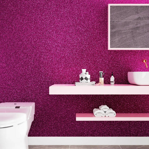 Bathroom with Hot Pink Glitter Peel and Stick Wallpaper Roll 15.8 Inch by 276 Inch Self Adhesive Sequin Wall Covering
