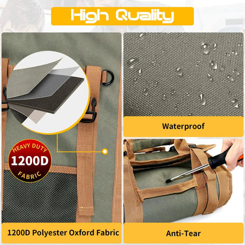 Close-up of Roll Up Tool Bag Organizer With 3 Detachable Pouches, showing waterproof 1200D polyester oxford fabric detail.