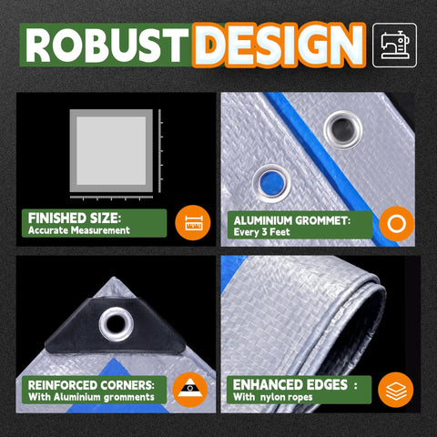3x3 Ft Waterproof Tarp Pack Of 2, 5.5 Mil Thick Polyethylene Multipurpose Camping Tarpaulin with grommets and reinforced corners