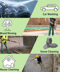 PWACCS 50 ft pressure washer hose, 1/4 in, kink-resistant, shown in collage of car, wood, stone and house cleaning