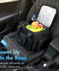 Portable Thermoelectric Cooler Warmer Bag 14 Liters with fruits and drinks inside, placed on car seat during travel.