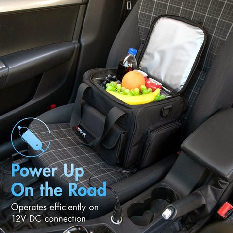Portable Thermoelectric Cooler Warmer Bag 14 Liters with fruits and drinks inside, placed on car seat during travel.