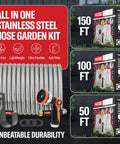 100 Ft Metal Garden Hose Set With No Kink Design, 316 Stainless Steel Hose, 10 Way Zinc Spray Nozzle and Hook Display