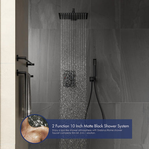 10 Inch Matte Black Shower Set With Square Rain Head And Handheld, Wall Mounted Rainfall Fixtures in modern bathroom