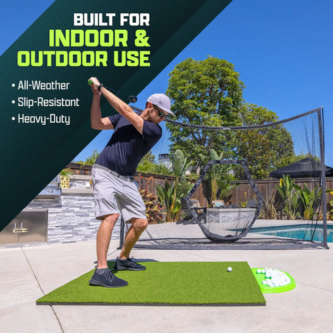 Golfer practicing swing on Elite 5x5 Ft Golf Hitting Mat with 15mm Artificial Turf and 3 Rubber Tees, outdoor setup