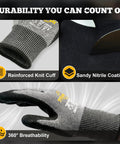 Cut Resistant Work Gloves ANSI A5 With Sandy Nitrile Grip And 3D Comfort Fit Breathable Design Touchscreen Compatible And Machine Washable Non Slip Heavy Duty Grey Size Large, showing reinforced knit cuff and sandy nitrile coating for durability.