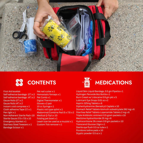 Open medium travel bag containing cat and dog first aid kit for home and travel with thermometer, bandages, antiseptic essentials.