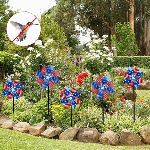 Ten Pack Reflective Pinwheels Patriotic Garden Decor With American Flag On Stick Wind Spinners And Stakes For Independence Day Memorial Day Fourth Of July Parties And Birds Repellent in garden setting