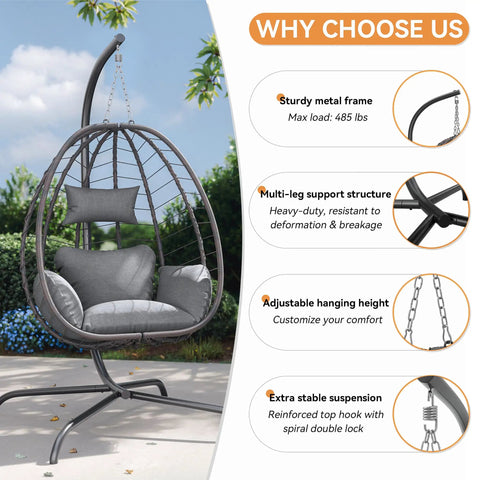 Cozy Outdoor Hanging Egg Chair With Stand For Patio And Garden showing sturdy metal frame and UV-resistant cushion in garden.