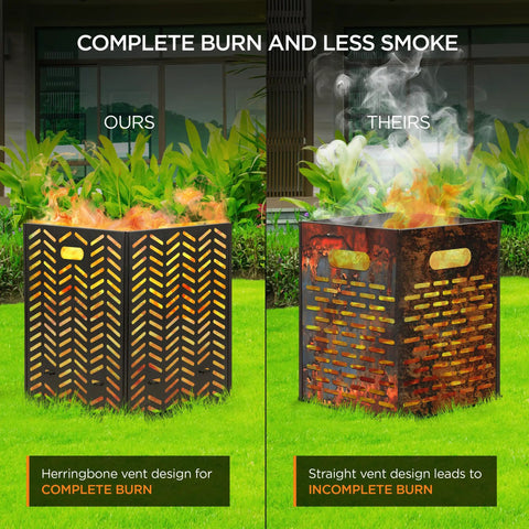 Comparison of low smoke outdoor burn barrel with herringbone vent and standard design for trash paper incineration in 55 gallon drum
