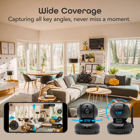 1080P Security Camera With 24 Seven Live Streaming And Pan Tilt Zoom, Motion Detection shown in a modern living room setup