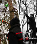 Comparison of using a 23ft Reach Tree Pruning Saw for high branches vs. using a ladder.