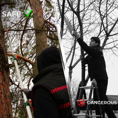 Comparison of using a 23ft Reach Tree Pruning Saw for high branches vs. using a ladder.