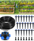 100 Foot Garden Watering System For Drip Irrigation All In One Kit with tubing, five-way connector, and adjustable nozzles