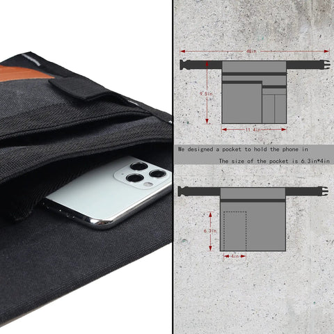 Six Pocket Tool Belt Pouch For Carpenters And Gardeners With Adjustable Waist Belt Durable Canvas Nylon Construction diagram and pocket detail