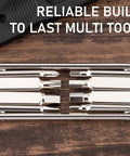 All In One Bicycle Repair Kit With CO2 Inflator And Cartridges, 8 In 1 Multi Tools silver multitool on wooden surface