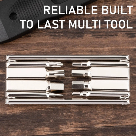 All In One Bicycle Repair Kit With CO2 Inflator And Cartridges, 8 In 1 Multi Tools silver multitool on wooden surface