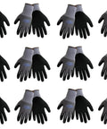 12 pairs of gray and black nitrile coated work gloves with foam nitrile technology and 15 gauge nylon shell for precision handling.