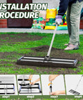 Person installing Pro-Grade Heavy-Duty Lawn Leveling Rake with Aluminum Roller Base, adjustable 27-80 inch handle, steps shown