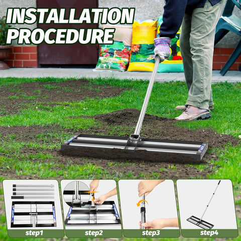 Person installing Pro-Grade Heavy-Duty Lawn Leveling Rake with Aluminum Roller Base, adjustable 27-80 inch handle, steps shown
