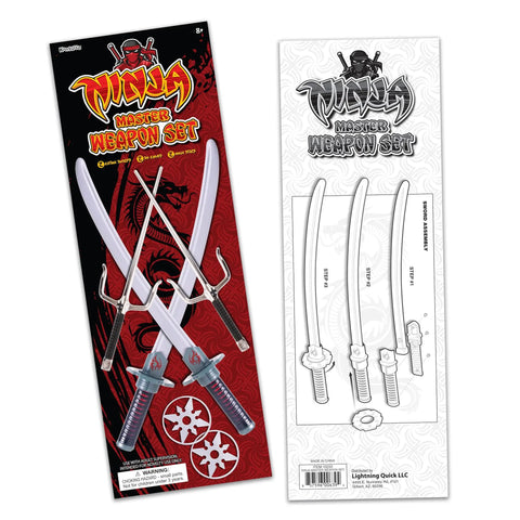 Packaging of Six Piece Ninja Toy Sword Set For Kids With Safe Plastic Blades and accessories for cosplay play