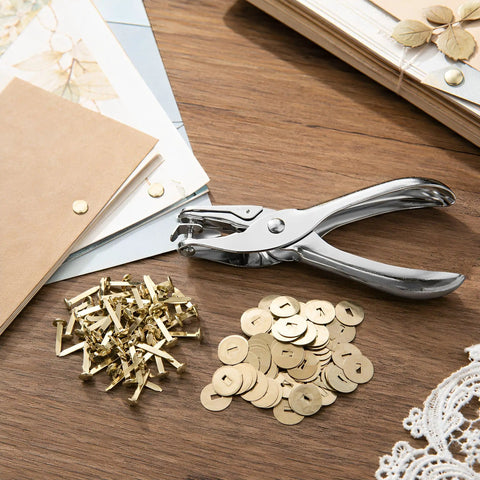 All In One Paper Fastener Kit With Hole Punch Tool And Golden Brads For Crafts, Scrapbooking, And Card Making, 100 Pcs Metal Fasteners, Smooth Paper Piercing, Easy Setup chrome hole punch with gold brads on scrapbook paper