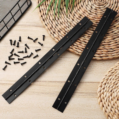 Heavy Duty Iron Piano Hinges Wear Resistant Black Continuous Metal Hinges With Screws Two Pack on woven mat