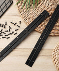 2 Pack Heavy Duty Piano Hinges Black Iron Long Hinges With Screws for Wood Furniture and Kitchen Cabinets on woven mat