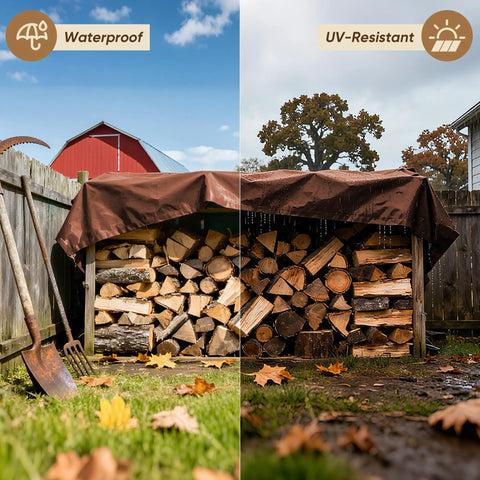 Industrial-Grade Waterproof Tarp 30x40 Ft Heavy-Duty Polyethylene Cover with D-Rings covering firewood for weather protection