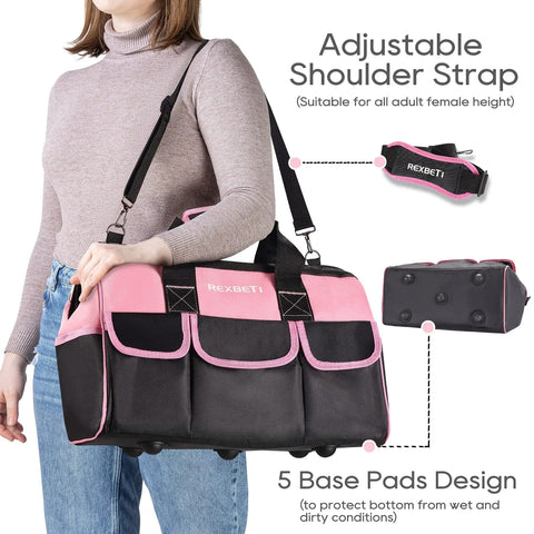Pink 219-Piece Tool Set For Women With 16 Inch Tool Bag, featuring adjustable shoulder strap and 19-pocket design.
