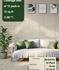 12 Pack Self Adhesive Soundproof Wall Panels 12X12 Peel And Stick Acoustic Foam Tiles For Home Studio Setup High Density Sound Absorbing Squares on a wall with plant and couch.