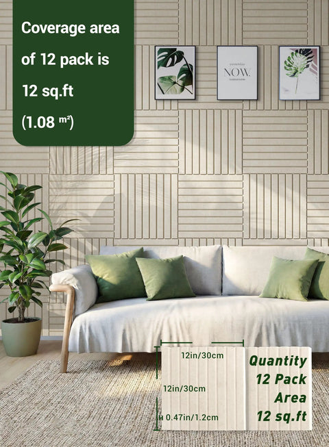12 Pack Self Adhesive Soundproof Wall Panels 12X12 Peel And Stick Acoustic Foam Tiles For Home Studio Setup High Density Sound Absorbing Squares on a wall with plant and couch.