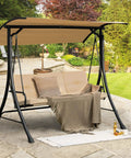 Three Person Porch Swing With Removable Cushions, Solid Steel Frame, beige canopy, set on a stone patio in garden.