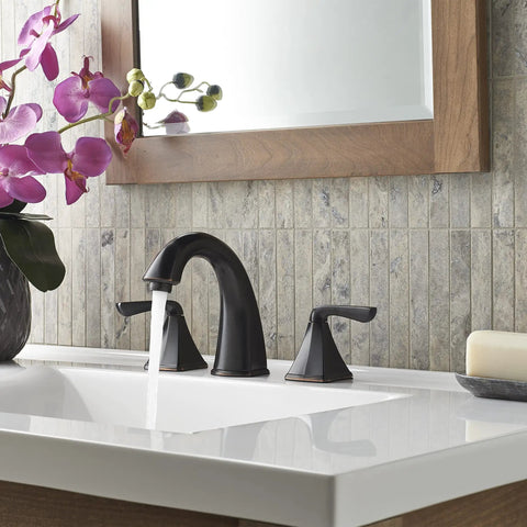 Selia 8 Inch Widespread Bathroom Sink Faucet Two Handle 3 Hole Deck Mount In Tuscan Bronze Finish With Push And Seal Drain
