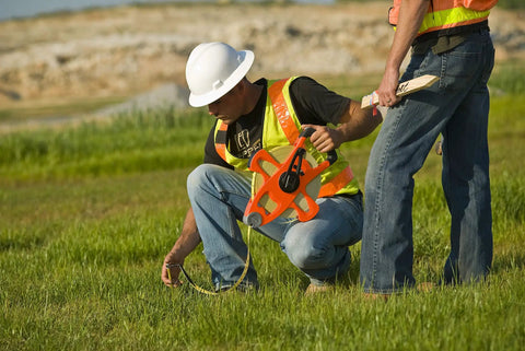 Person using Hi Viz Orange Fiberglass Tape Measure Half Inch By One Hundred Meters Dual Sided SAE And Metric Tape With Open Four Arm
