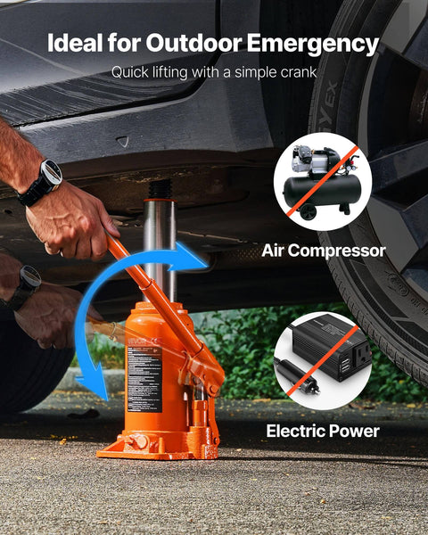 Heavy Duty 20 Ton Hydraulic Bottle Jack With 7.5 To 14 Inch Lift Range All Welded Construction Three Section Long Handle For Pickup Truck SUV Car RV And Industrial Auto Repair lifting a car